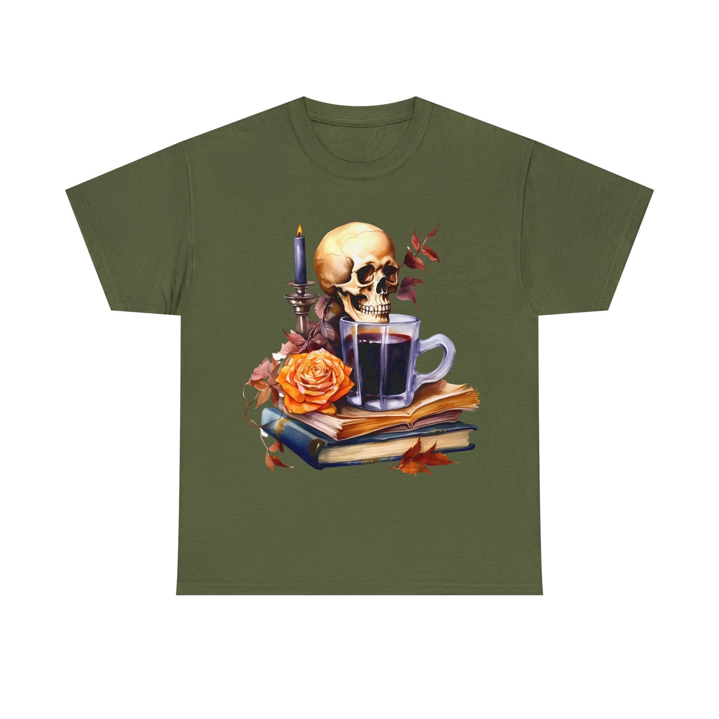 Autumn Skull Rose Coffee Books Tee ShirtT - ShirtVTZdesignsMilitary GreenSbookscandlescoffee