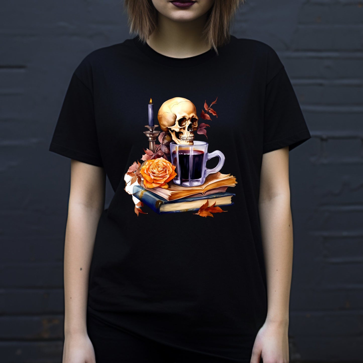 Autumn Skull Rose Coffee Books Tee ShirtT - ShirtVTZdesignsCharcoalSbookscandlescoffee