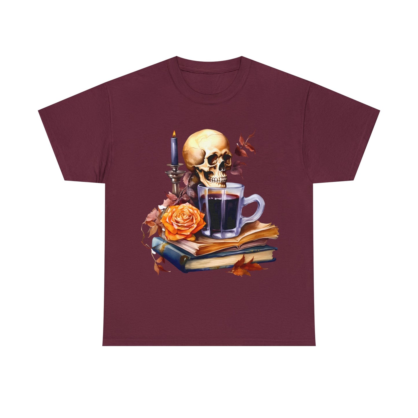 Autumn Skull Rose Coffee Books Tee ShirtT - ShirtVTZdesignsMaroonSbookscandlescoffee