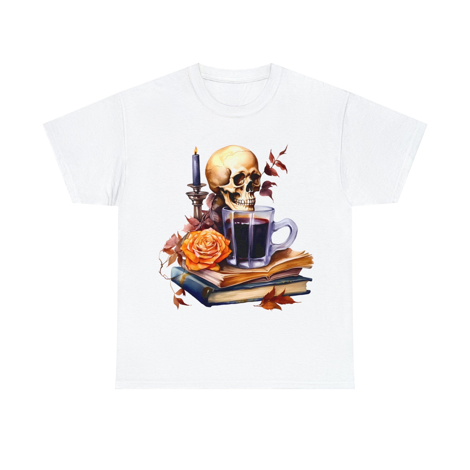 Autumn Skull Rose Coffee Books Tee ShirtT - ShirtVTZdesignsWhiteSbookscandlescoffee