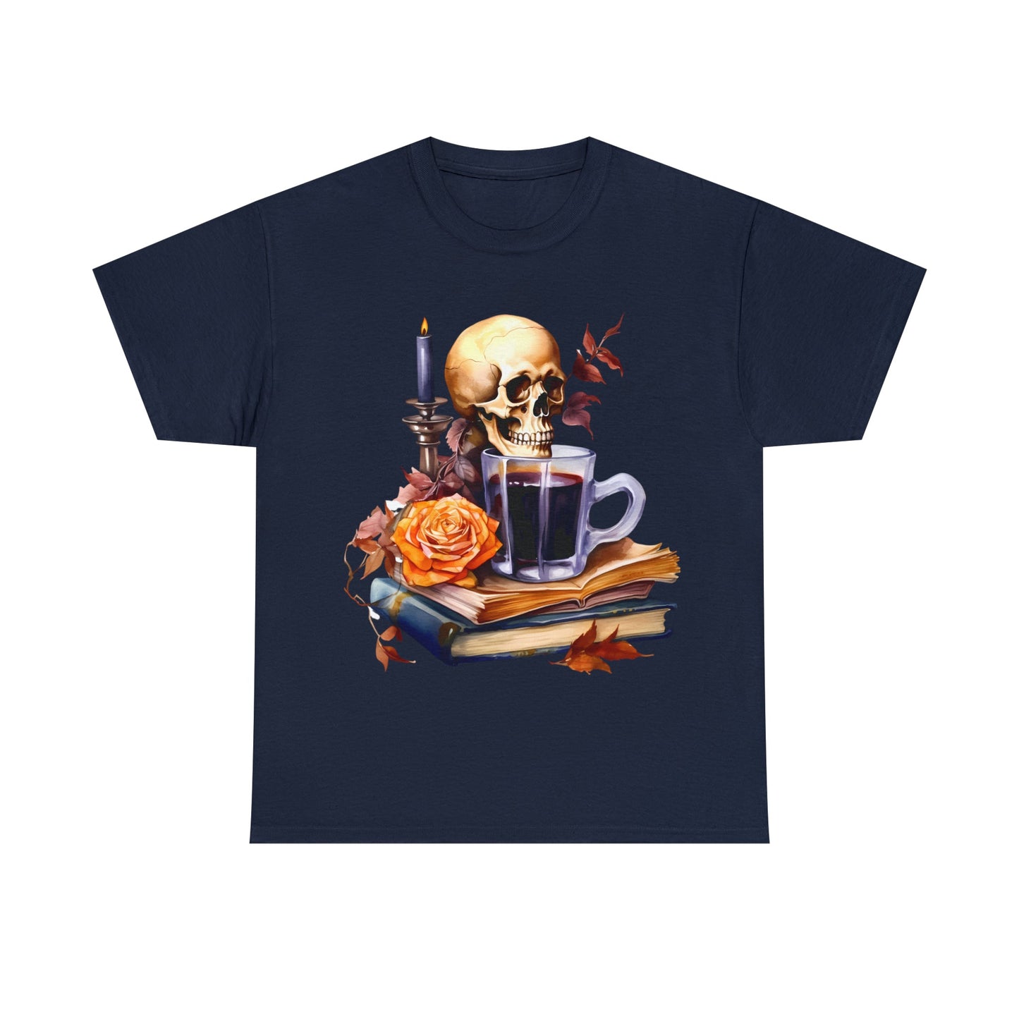 Autumn Skull Rose Coffee Books Tee ShirtT - ShirtVTZdesignsNavySbookscandlescoffee