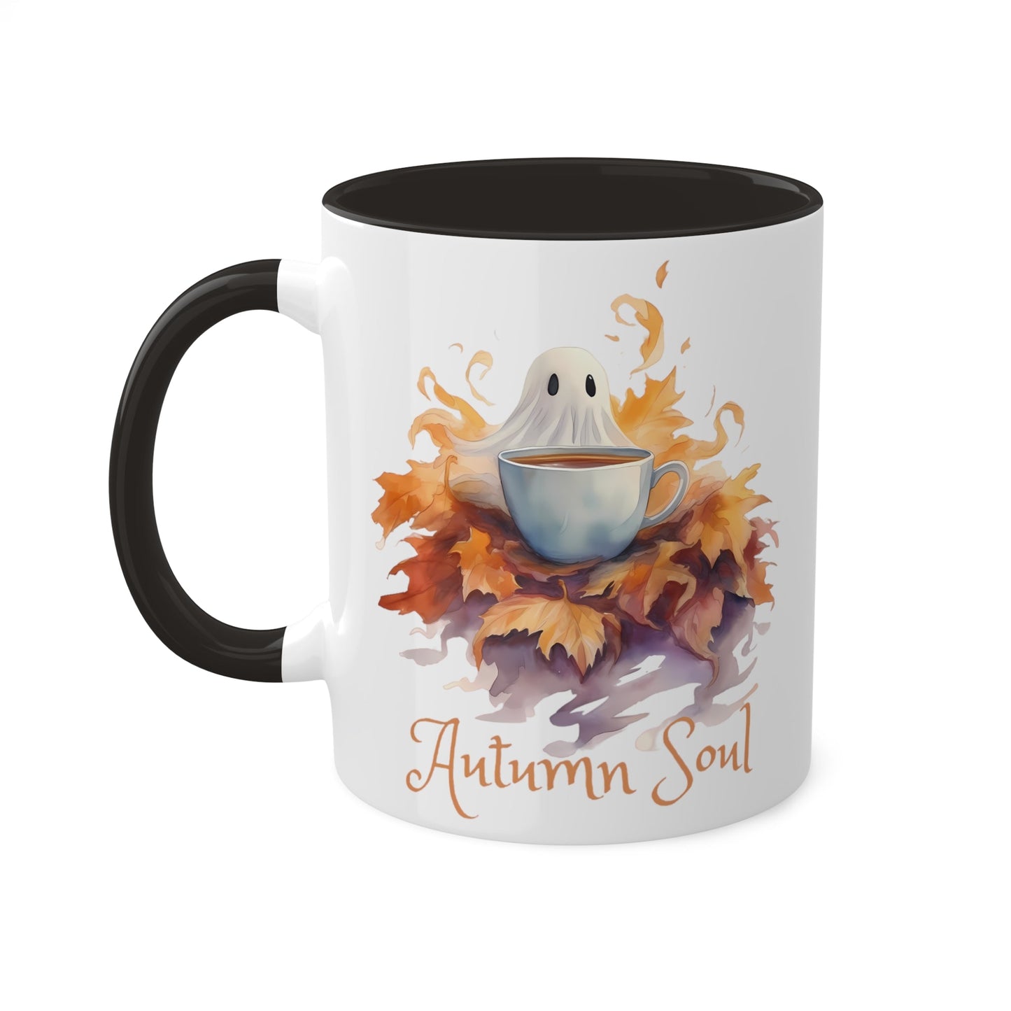 Autumn Soul Cute Ghost in Pile of Leaves Colorful Mug 11ozMugVTZdesigns11ozBlack11 ozaccent mugautumn