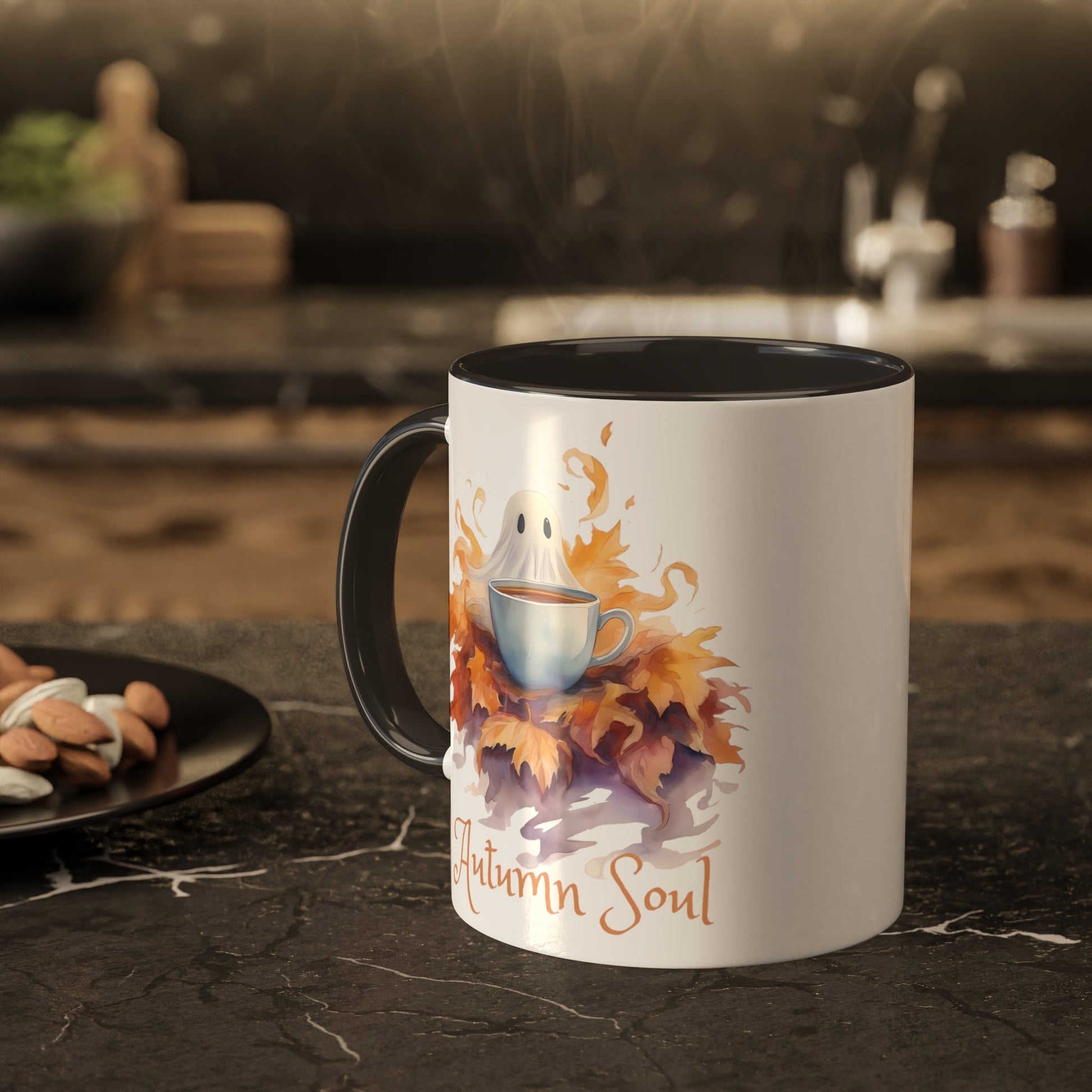 Autumn Soul Cute Ghost in Pile of Leaves Colorful Mug 11ozMugVTZdesigns11ozBlack11 ozaccent mugautumn