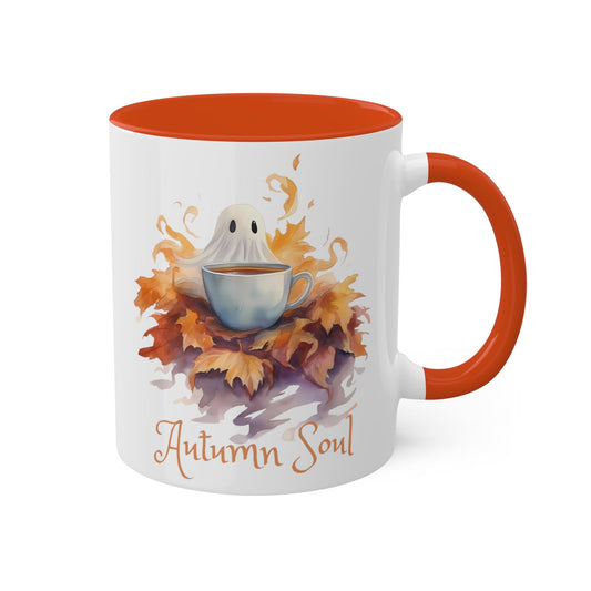 Autumn Soul Cute Ghost in Pile of Leaves Colorful Mug 11ozMugVTZdesigns11ozOrange11 ozaccent mugautumn