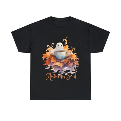Autumn Soul Cute Ghost in Pile of Leaves Tee ShirtT - ShirtVTZdesignsBlackScoffeeCrew neckDTG