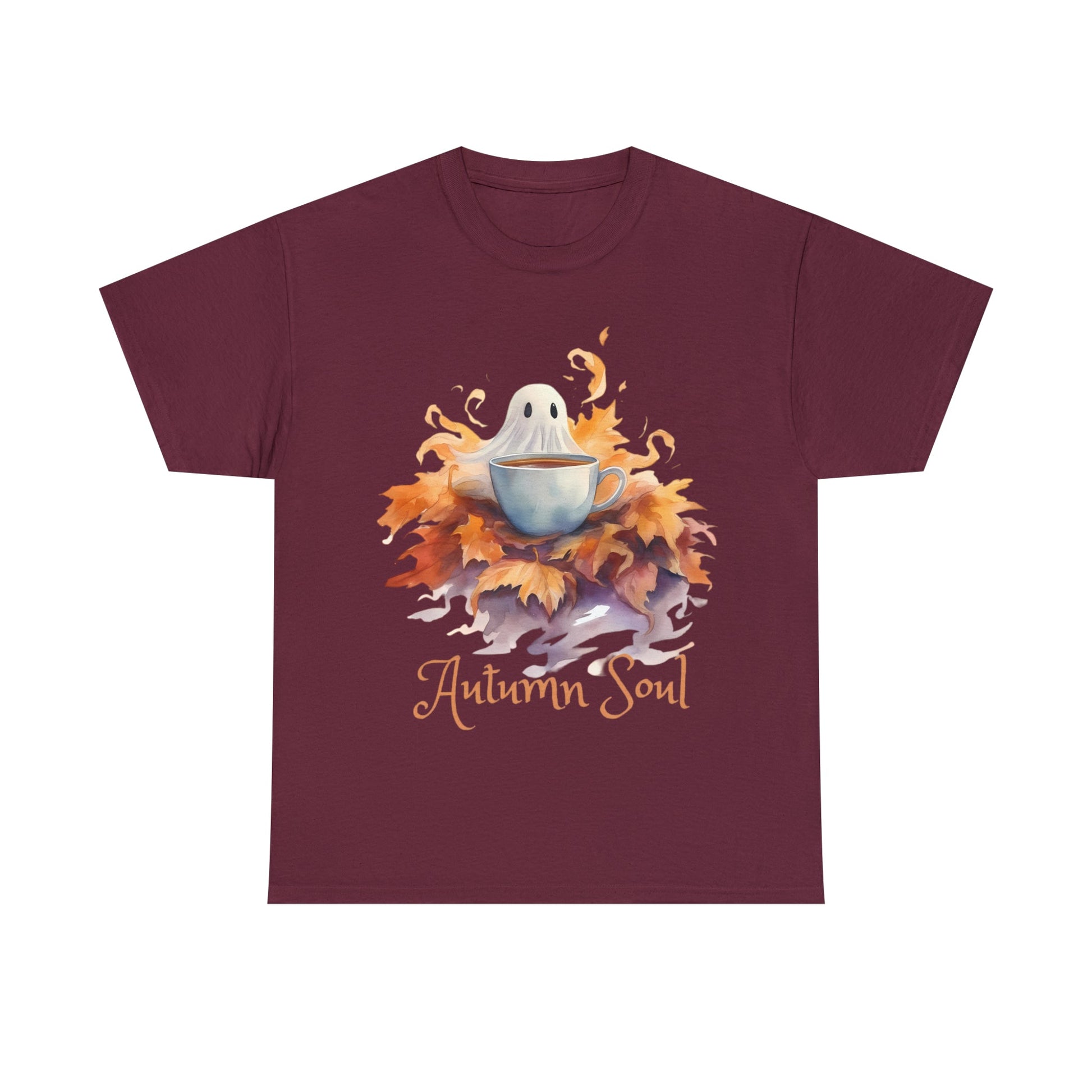 Autumn Soul Cute Ghost in Pile of Leaves Tee ShirtT - ShirtVTZdesignsMaroonScoffeeCrew neckDTG