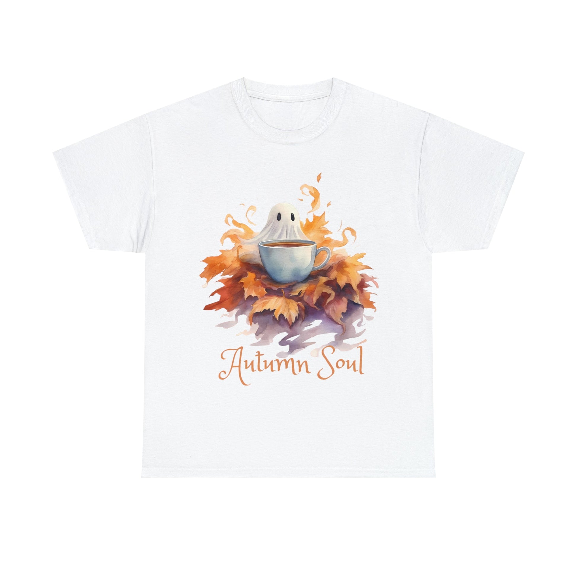 Autumn Soul Cute Ghost in Pile of Leaves Tee ShirtT - ShirtVTZdesignsWhiteScoffeeCrew neckDTG