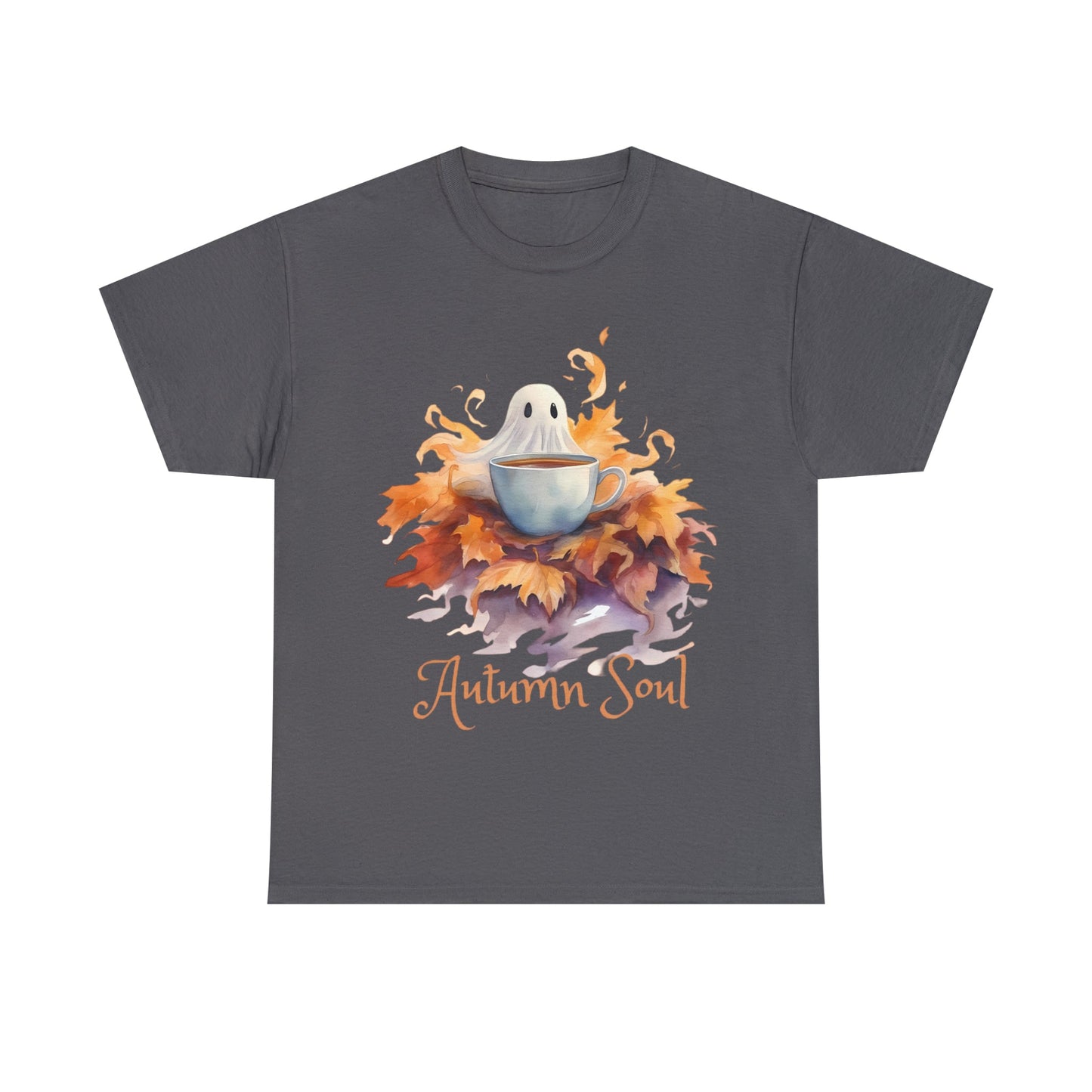 Autumn Soul Cute Ghost in Pile of Leaves Tee ShirtT - ShirtVTZdesignsCharcoalScoffeeCrew neckDTG