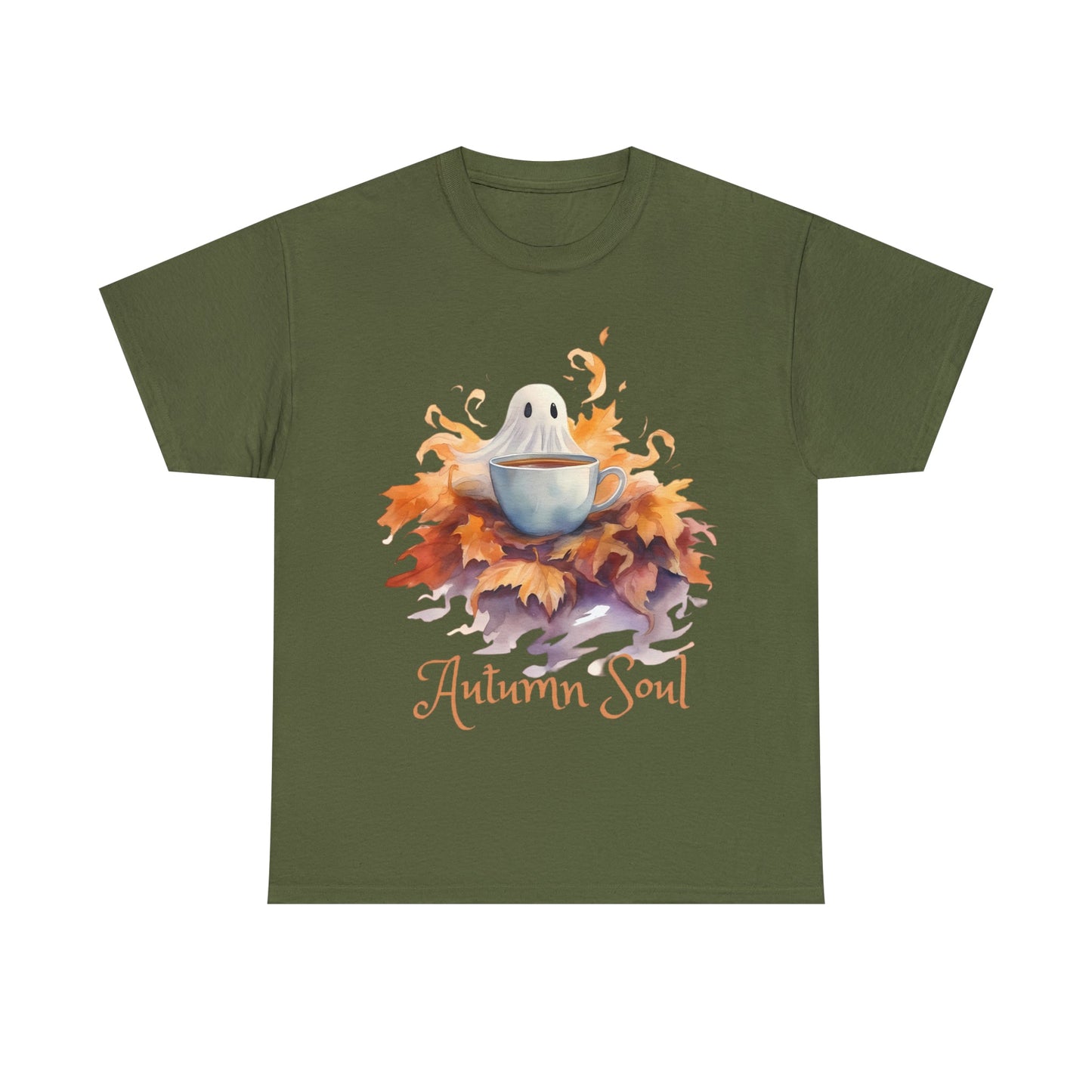 Autumn Soul Cute Ghost in Pile of Leaves Tee ShirtT - ShirtVTZdesignsMilitary GreenScoffeeCrew neckDTG