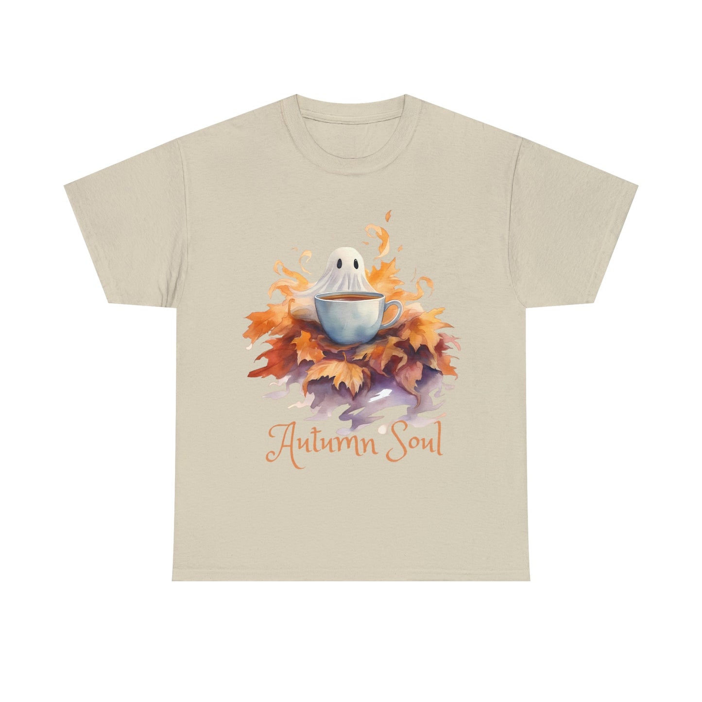 Autumn Soul Cute Ghost in Pile of Leaves Tee ShirtT - ShirtVTZdesignsSandScoffeeCrew neckDTG