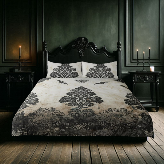 Faded Vintage Damask With Bats Three Piece Bedding Set