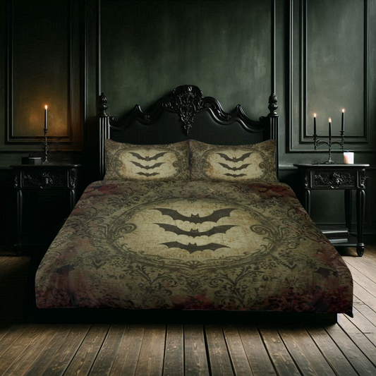 Bats and Damask Baroque Vintage Inspired Three Piece Bedding Set