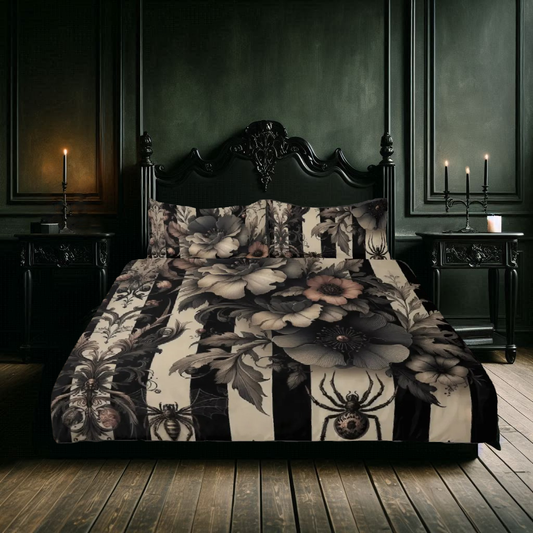 Florals Stripes and Spiders Three Piece Bedding Set