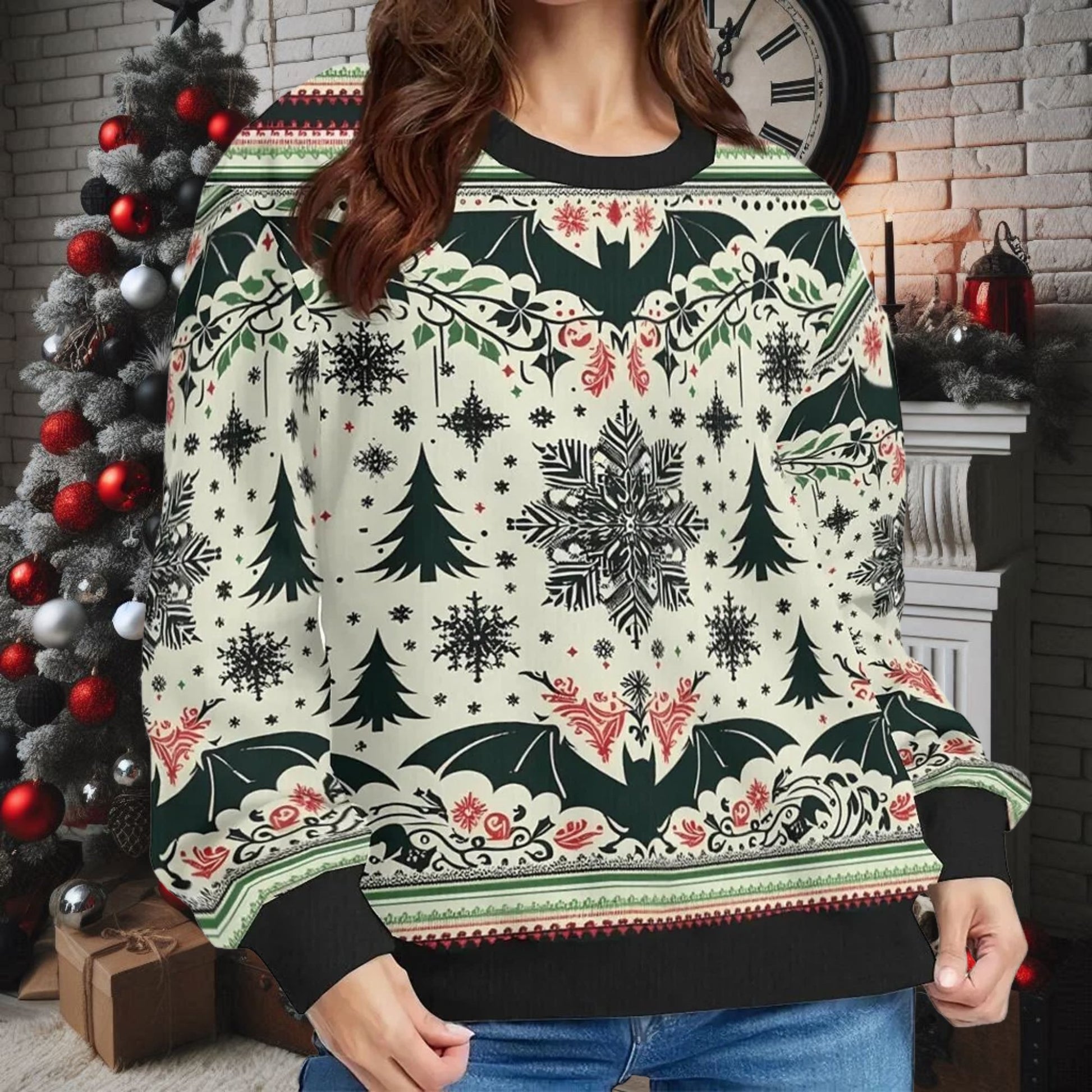 Bats Trees and Snowflakes Pullover SweaterSweatshirtVTZdesignsWhiteSchristmasclothinggothic