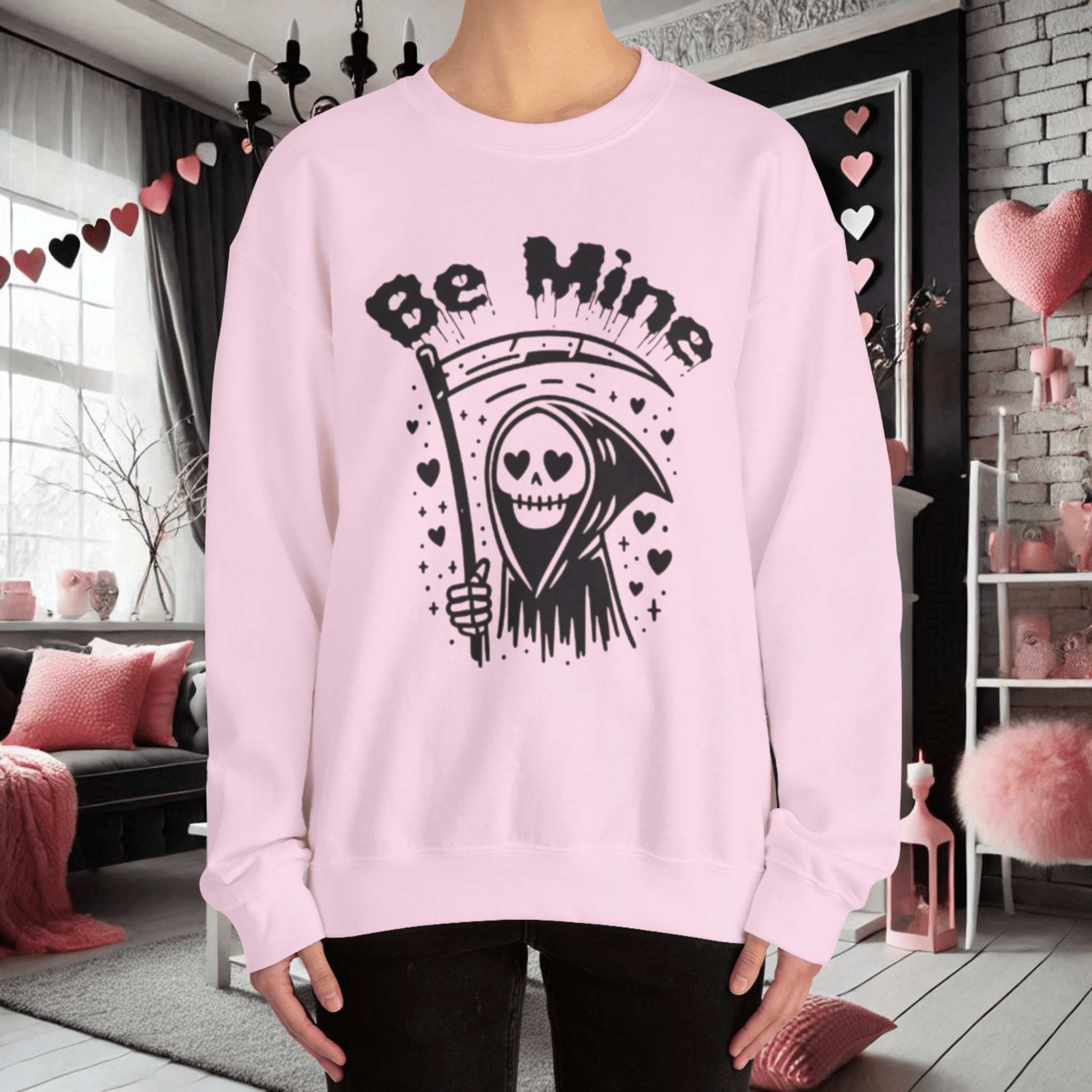 Be Mine Grim Reaper Pullover Crewneck SweatshirtSweatshirtVTZdesignsSLight PinkclothingCrew neckdark humor