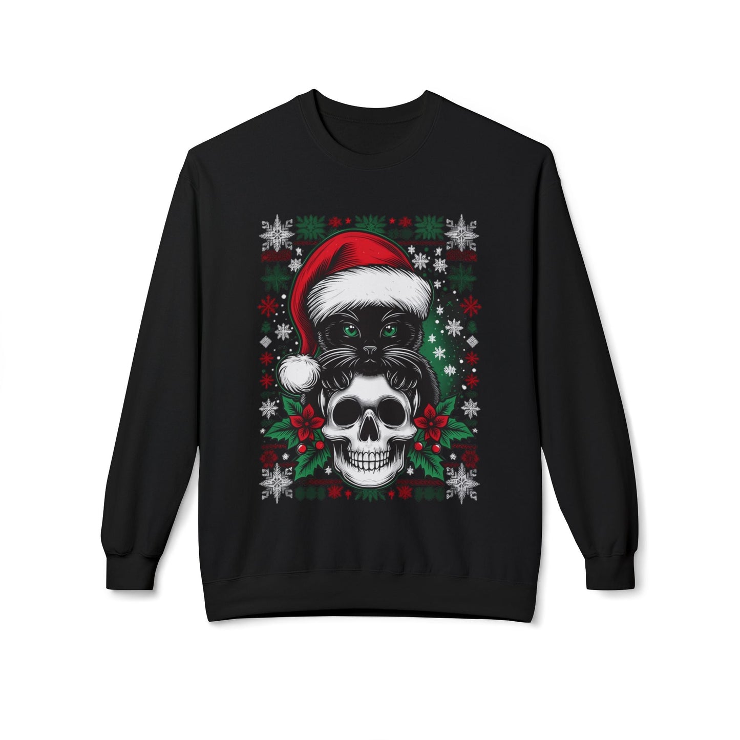 Black Cat on Skull Christmas Pullover SweatshirtSweatshirtVTZdesignsBlackSblack catchristmasclothing