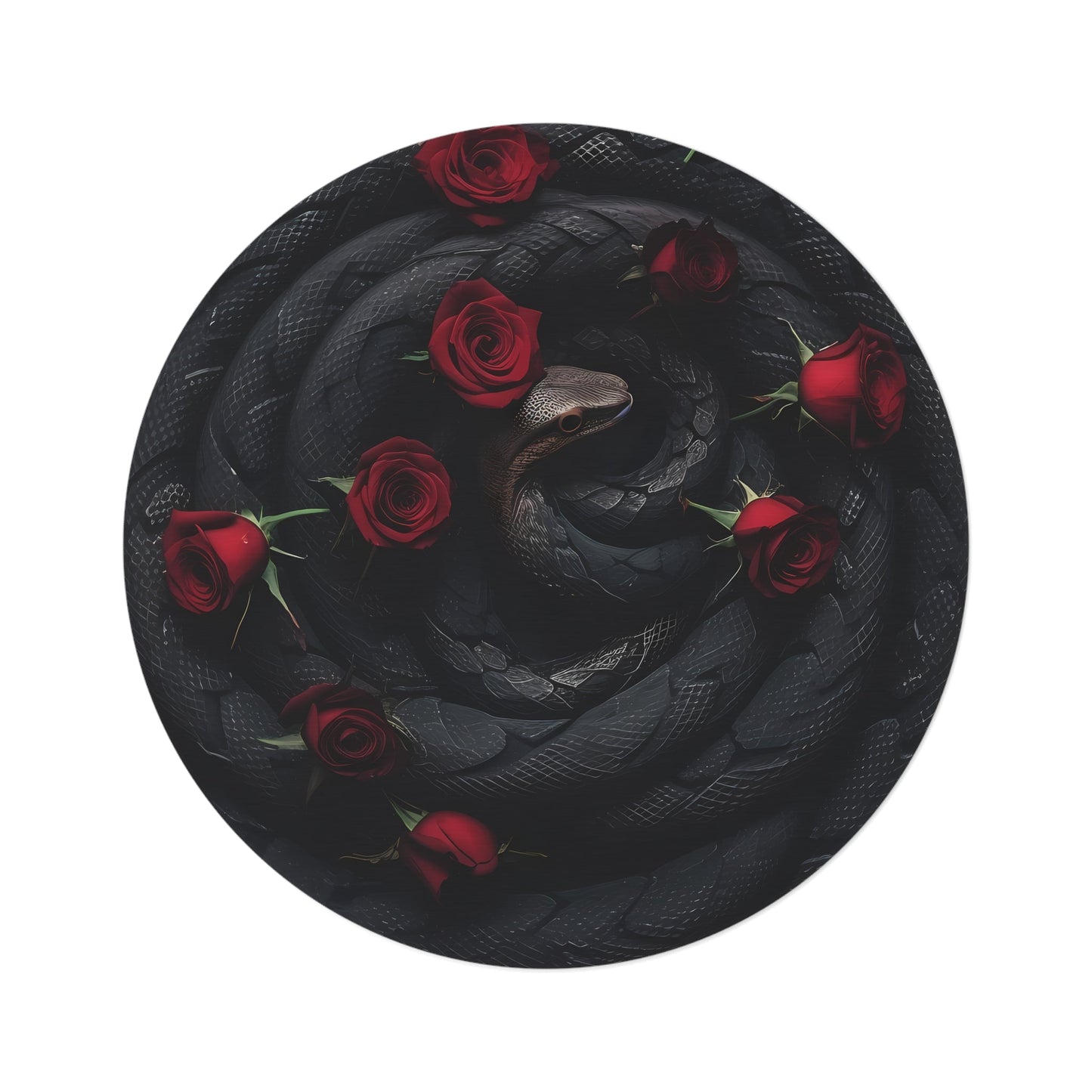 Black Coiled Snake and Red Roses Round Area RugHome DecorVTZdesigns60" × 60"academiaCarpetdark