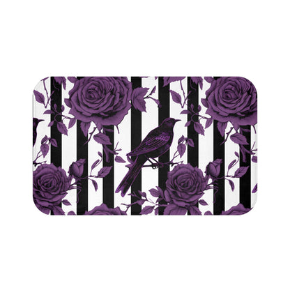 Black White Striped Purple Roses and Crows Bath MatHome DecorVTZdesigns24" × 17"baroqueBathBathroom