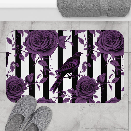 Black White Striped Purple Roses and Crows Bath MatHome DecorVTZdesigns34" × 21"baroqueBathBathroom