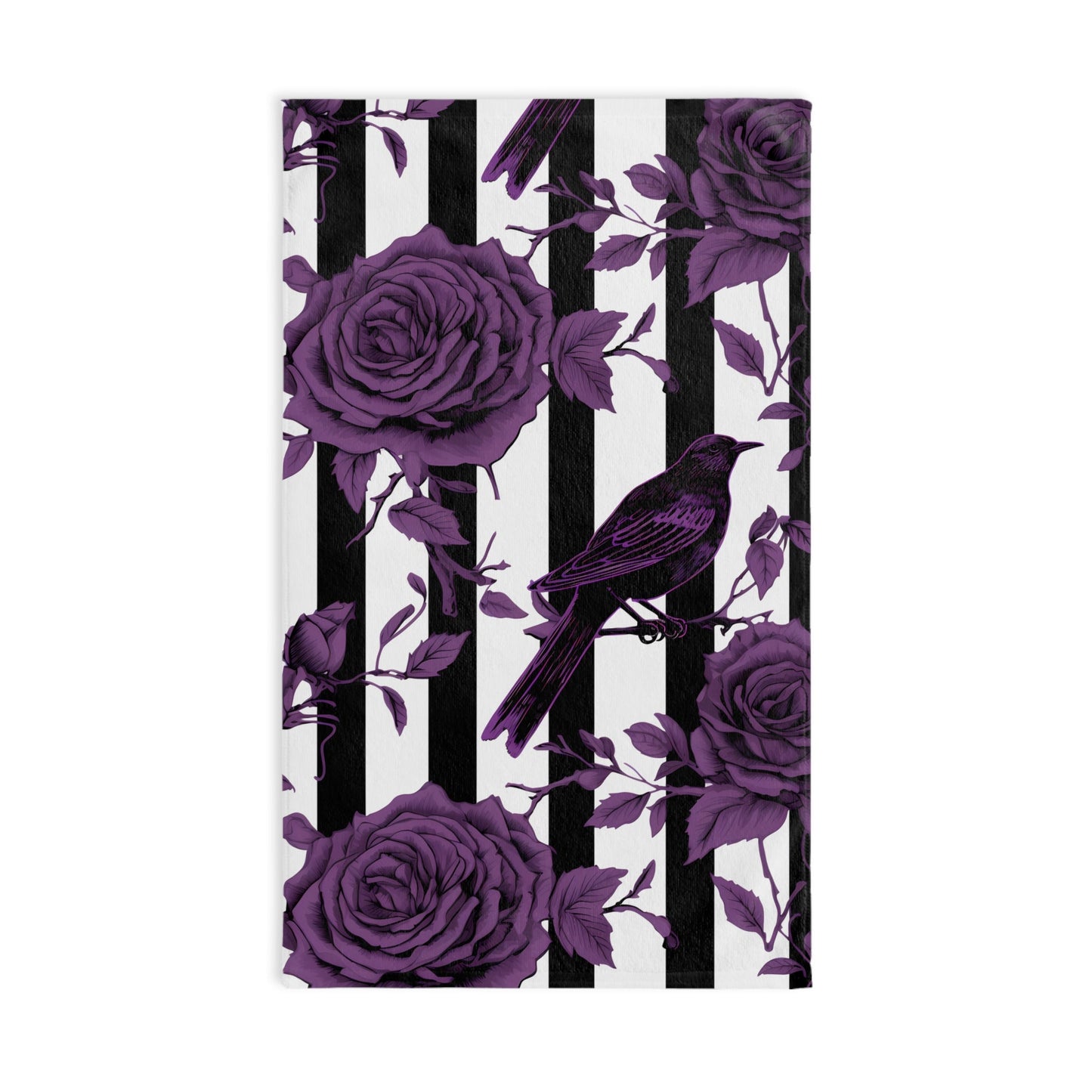Black White Striped Purple Roses and Crows Hand TowelHome DecorVTZdesignsWhite base28" × 16"academiabaroqueBath