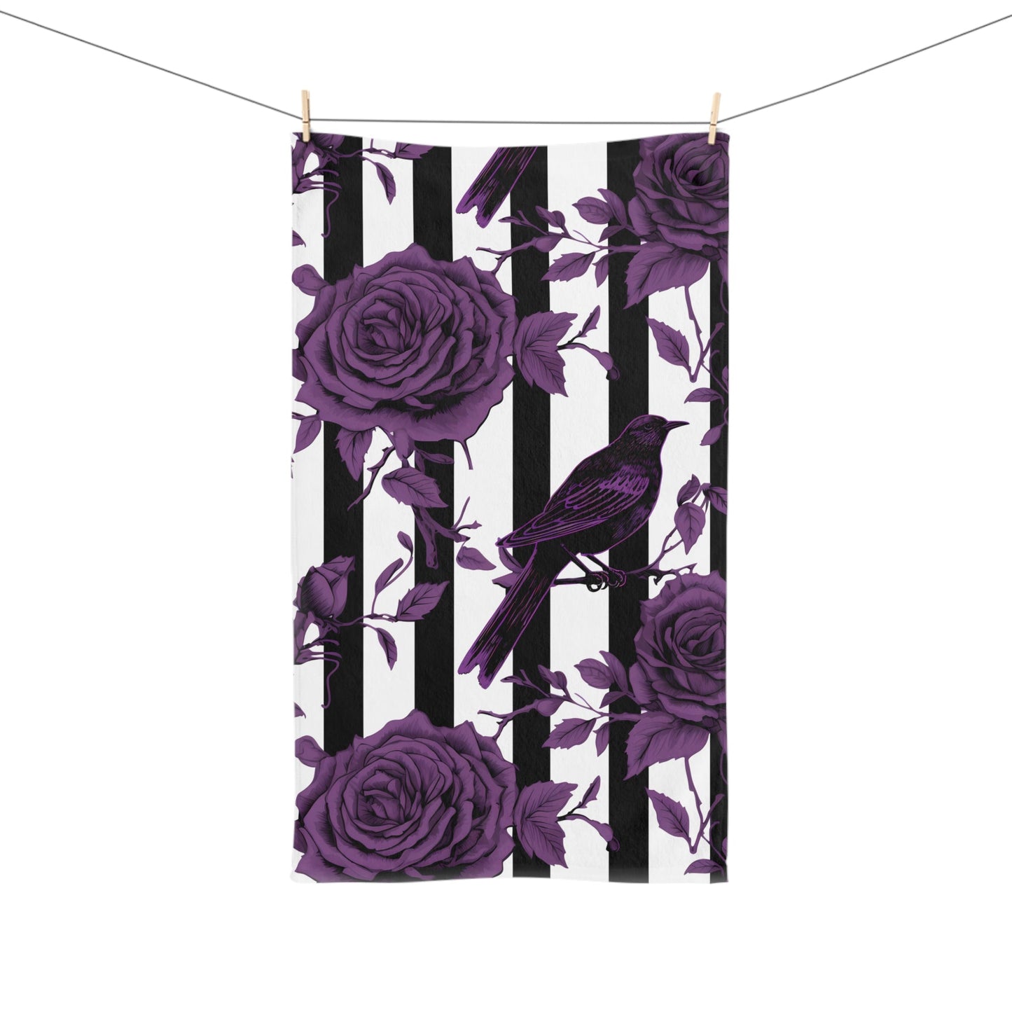 Black White Striped Purple Roses and Crows Hand TowelHome DecorVTZdesignsWhite base28" × 16"academiabaroqueBath