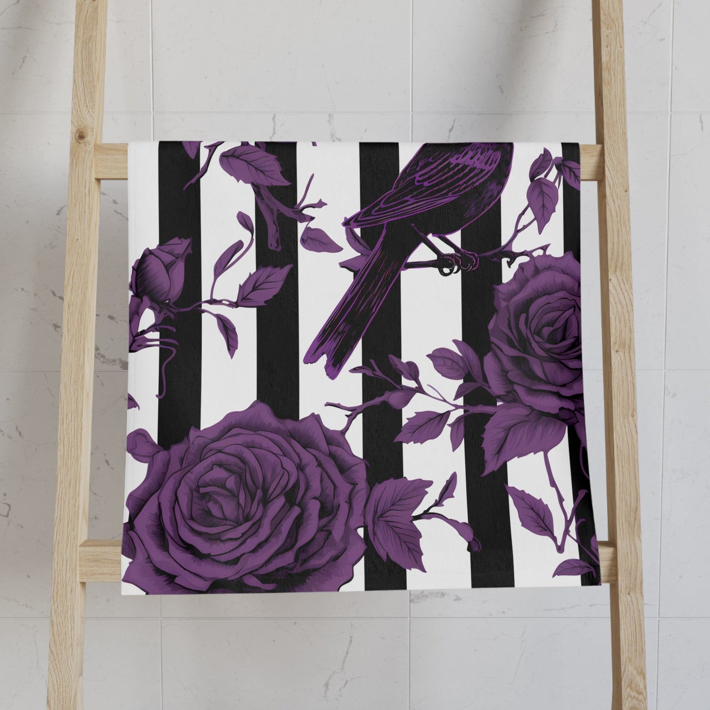 Black White Striped Purple Roses and Crows Hand TowelHome DecorVTZdesignsWhite base28" × 16"academiabaroqueBath