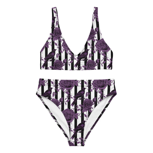 Black White Striped Purple Roses and Crows High Waisted BikiniVTZdesignsXSgothgothichalloween