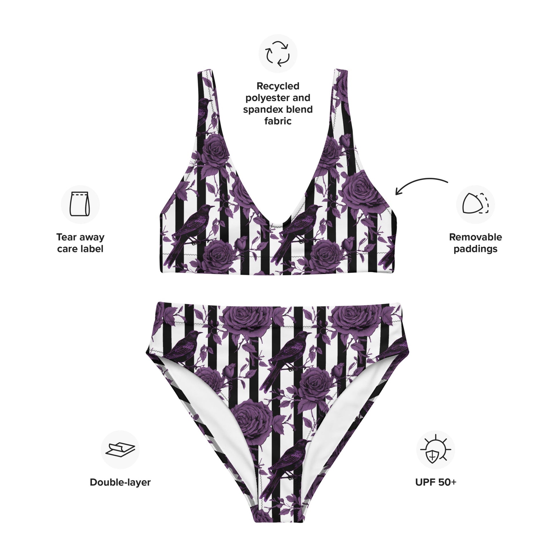 Black White Striped Purple Roses and Crows High Waisted BikiniVTZdesignsXSgothgothichalloween