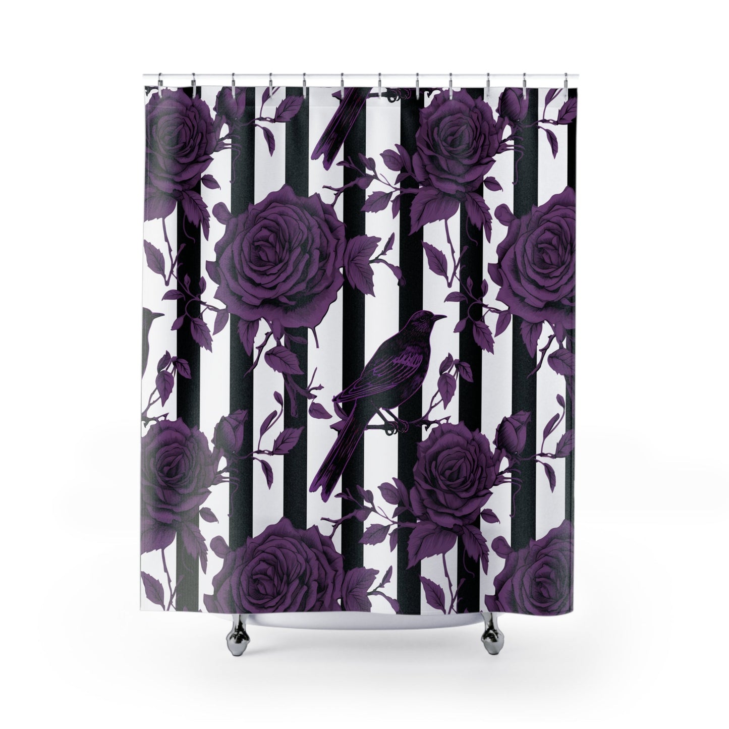 Black White Striped Purple Roses and Crows Shower CurtainHome DecorVTZdesigns71" × 74"academiabaroqueBath