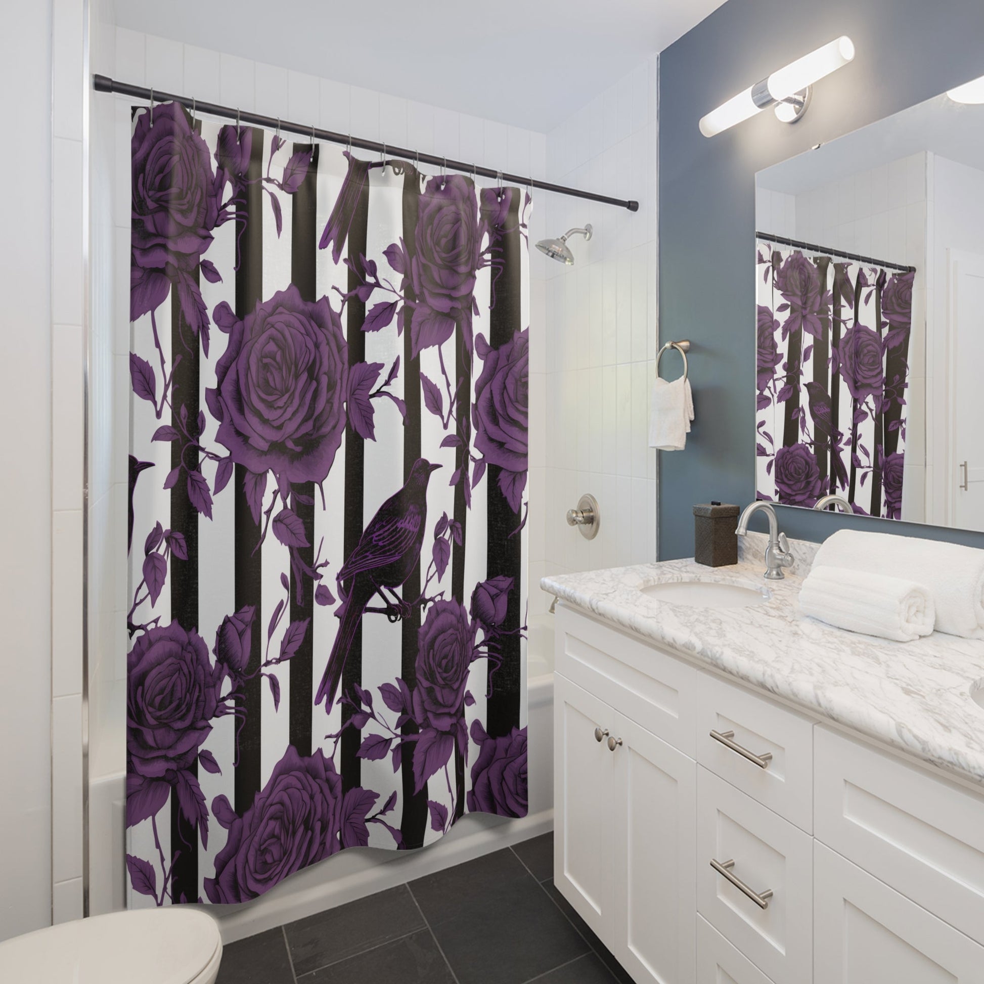 Black White Striped Purple Roses and Crows Shower CurtainHome DecorVTZdesigns71" × 74"academiabaroqueBath