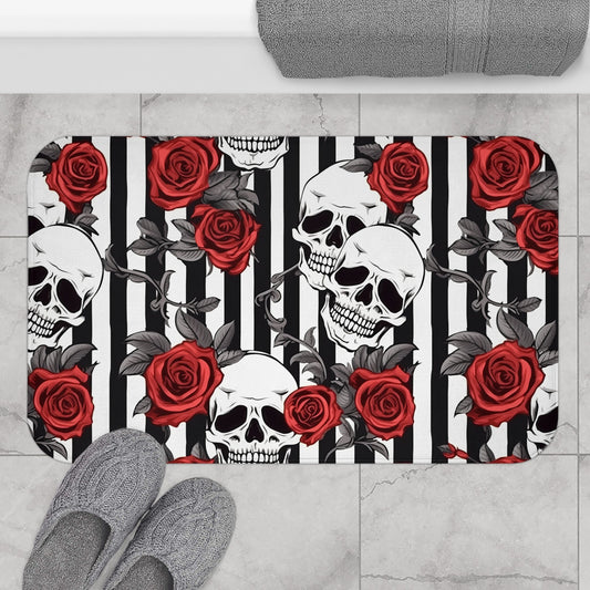 Black White Striped Red Roses and Skulls Bath MatHome DecorVTZdesigns34" × 21"BathBathroomgothic