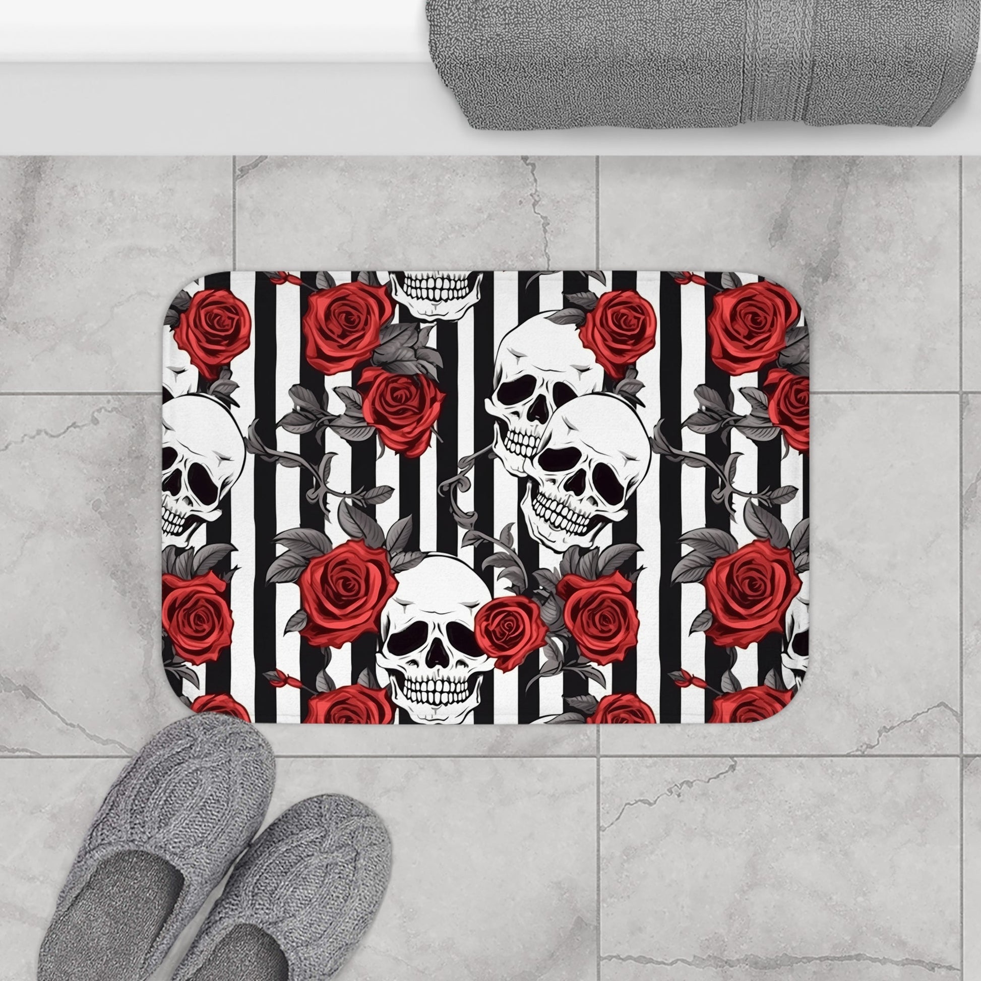 Black White Striped Red Roses and Skulls Bath MatHome DecorVTZdesigns24" × 17"BathBathroomgothic