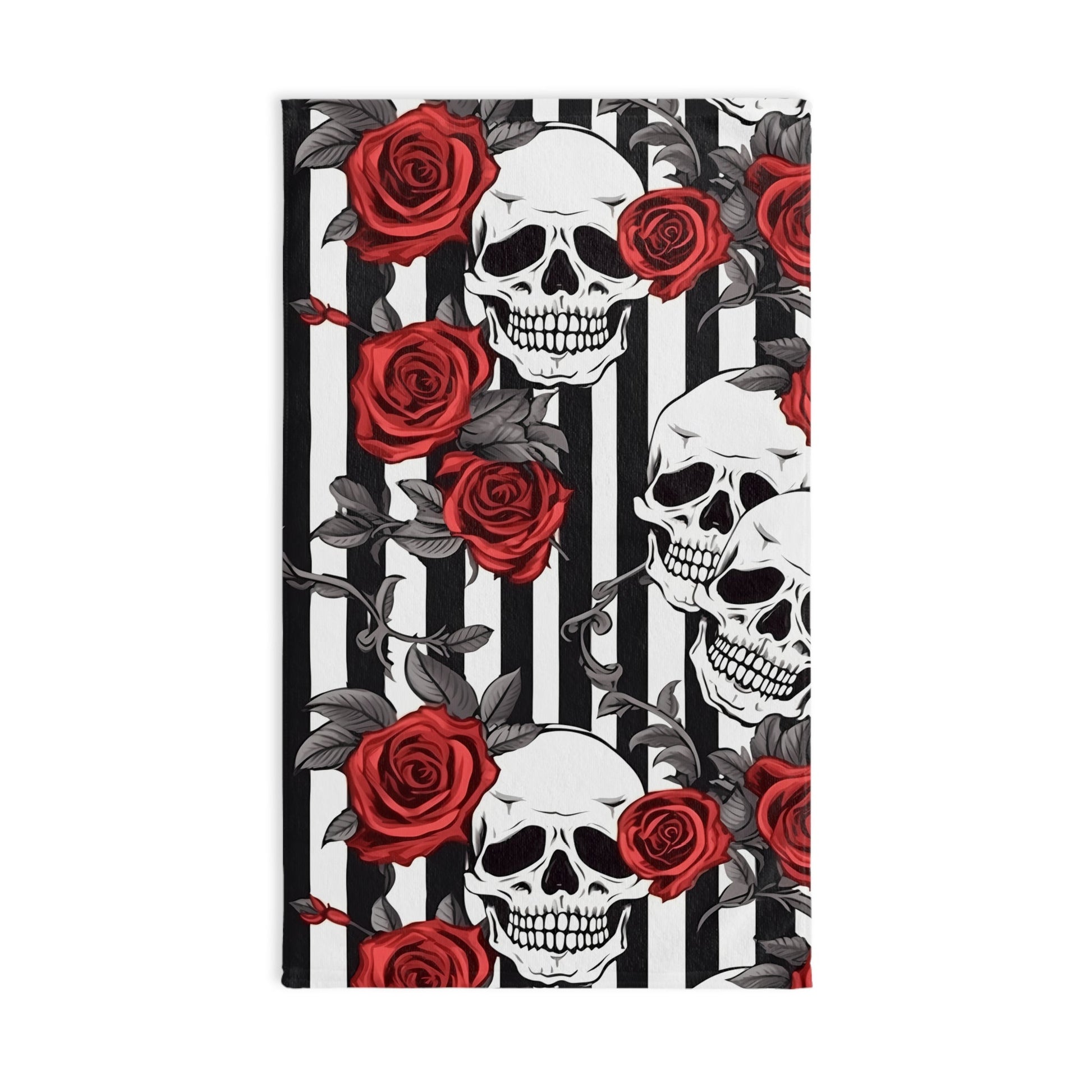 Black White Striped Red Roses and Skulls Hand TowelHome DecorVTZdesignsWhite base28" × 16"BathBathroomgothic