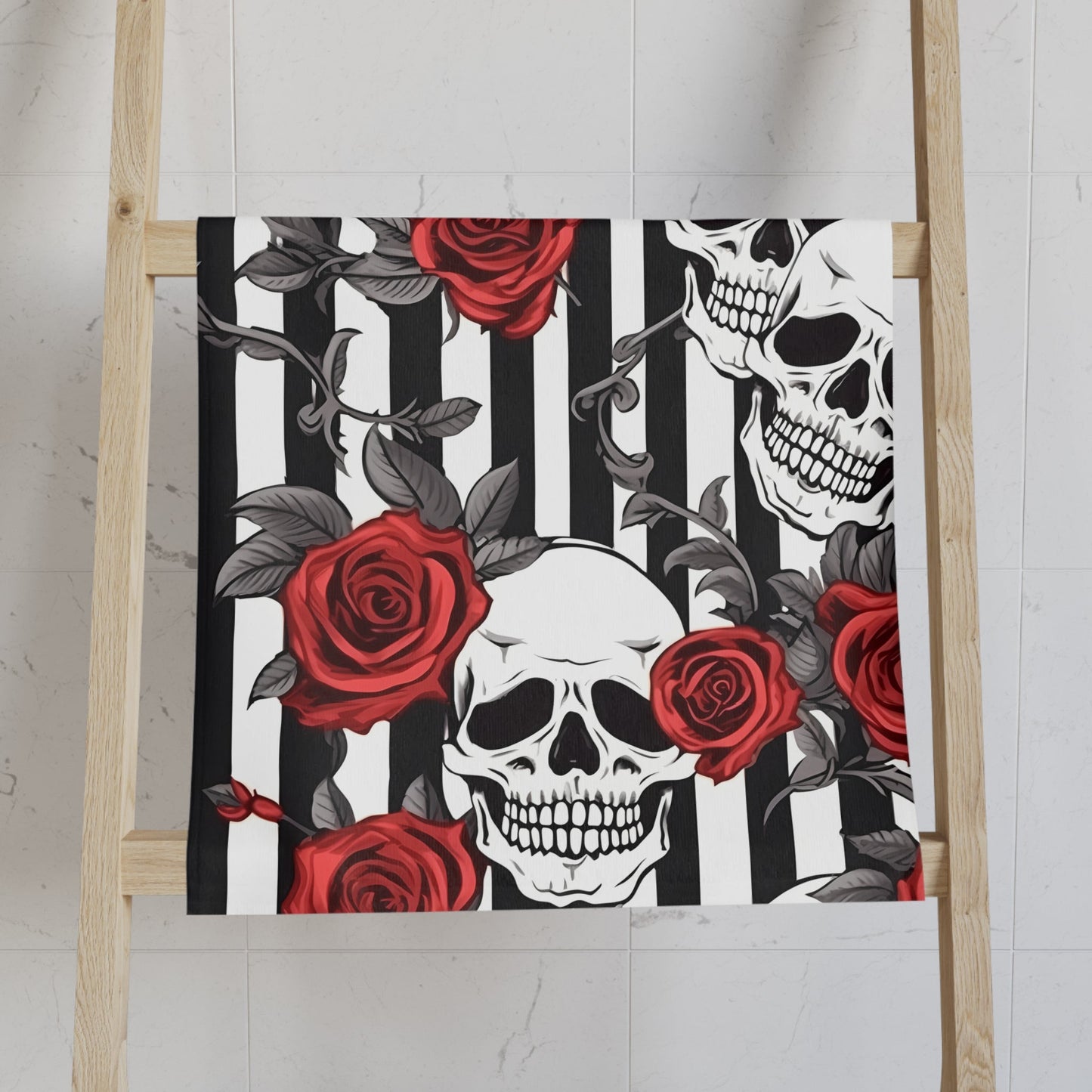 Black White Striped Red Roses and Skulls Hand TowelHome DecorVTZdesignsWhite base28" × 16"BathBathroomgothic