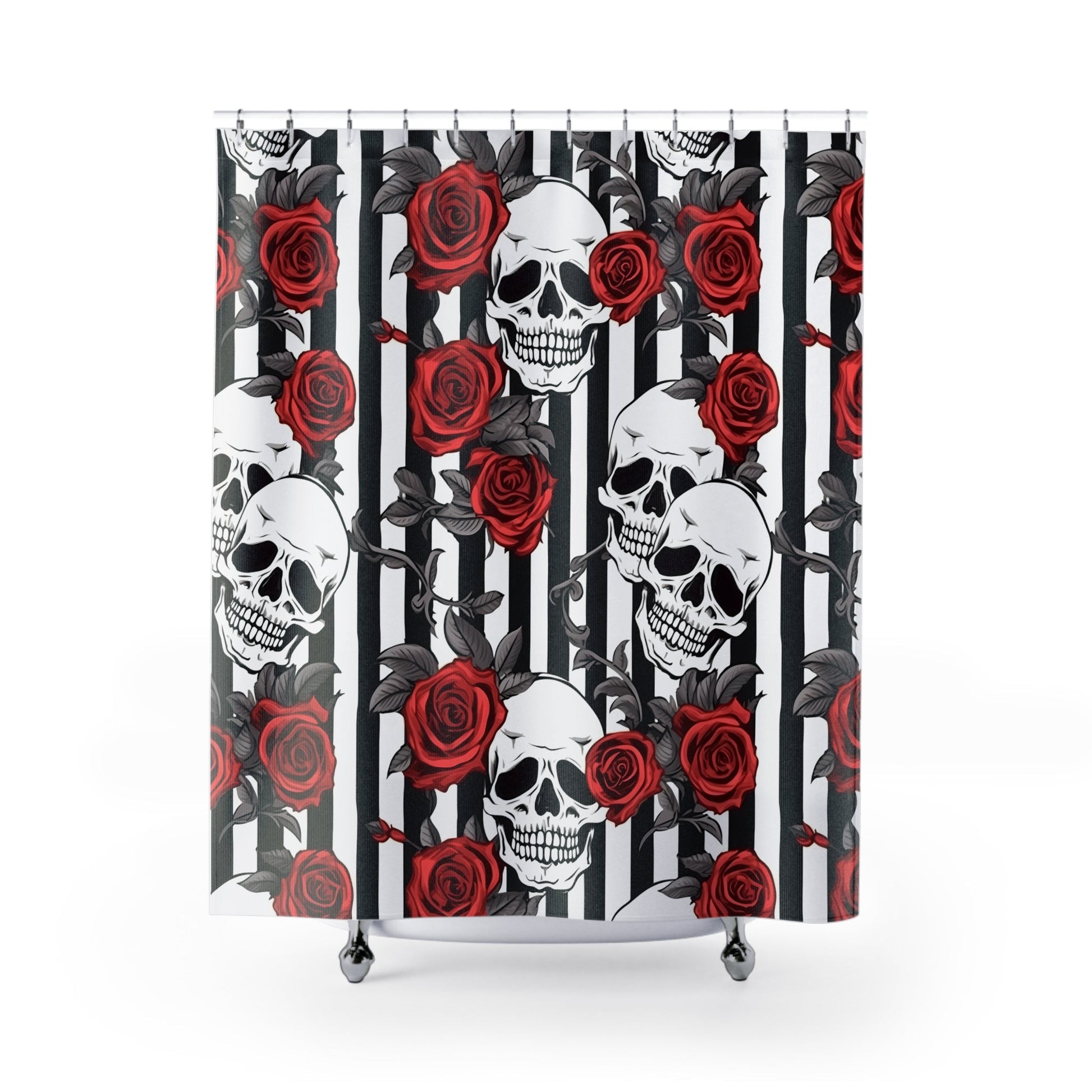 Black White Striped Red Roses and Skulls Shower CurtainHome DecorVTZdesigns71" × 74"BathBathroomgothic