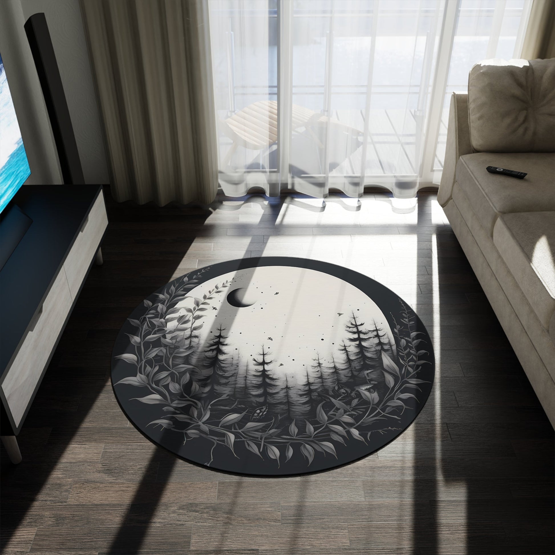 Boho Witch Round Area Rug Trees Moon Stars Eucalyptus LeavesHome DecorVTZdesigns60" × 60"bohemianCarpetDecor