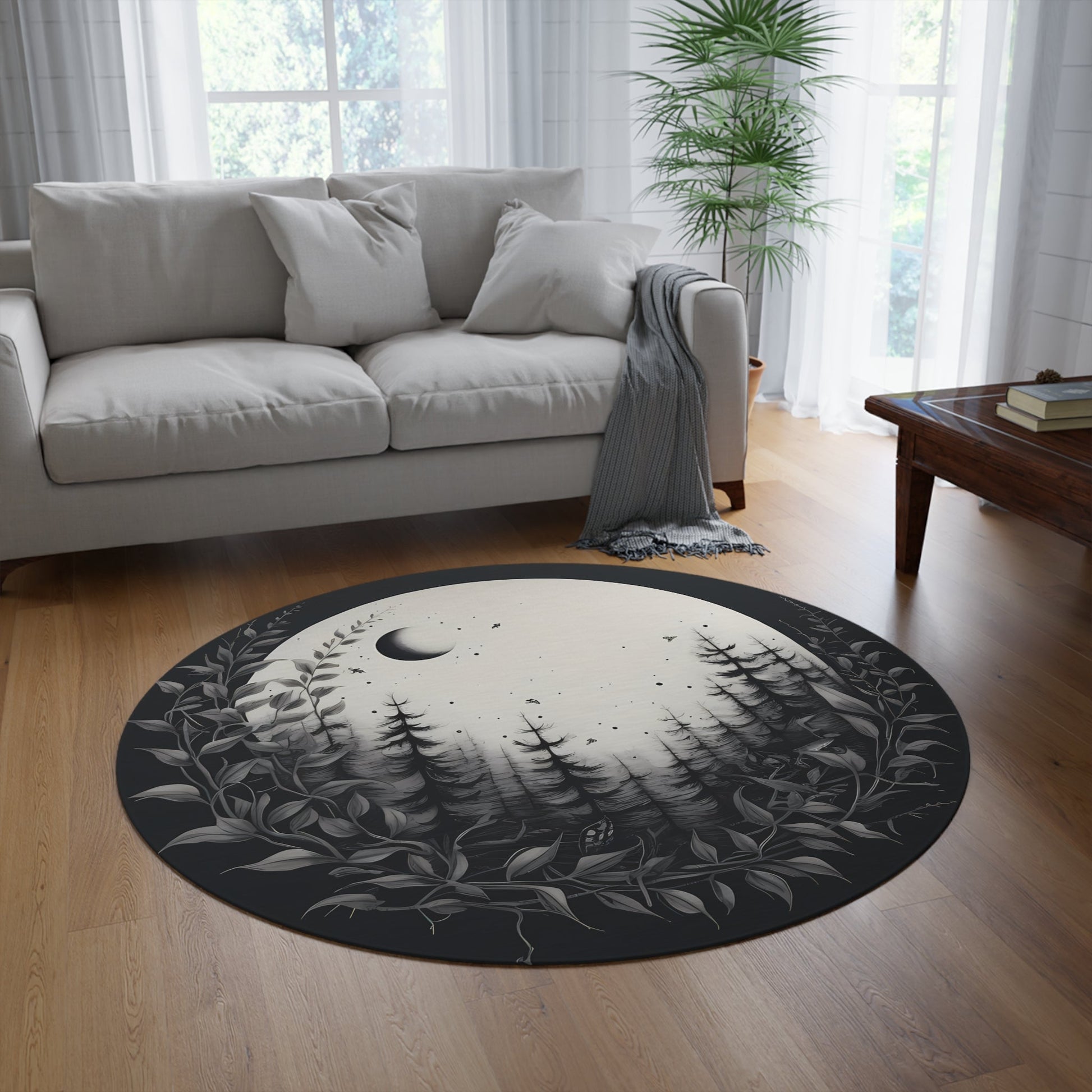 Boho Witch Round Area Rug Trees Moon Stars Eucalyptus LeavesHome DecorVTZdesigns60" × 60"bohemianCarpetDecor