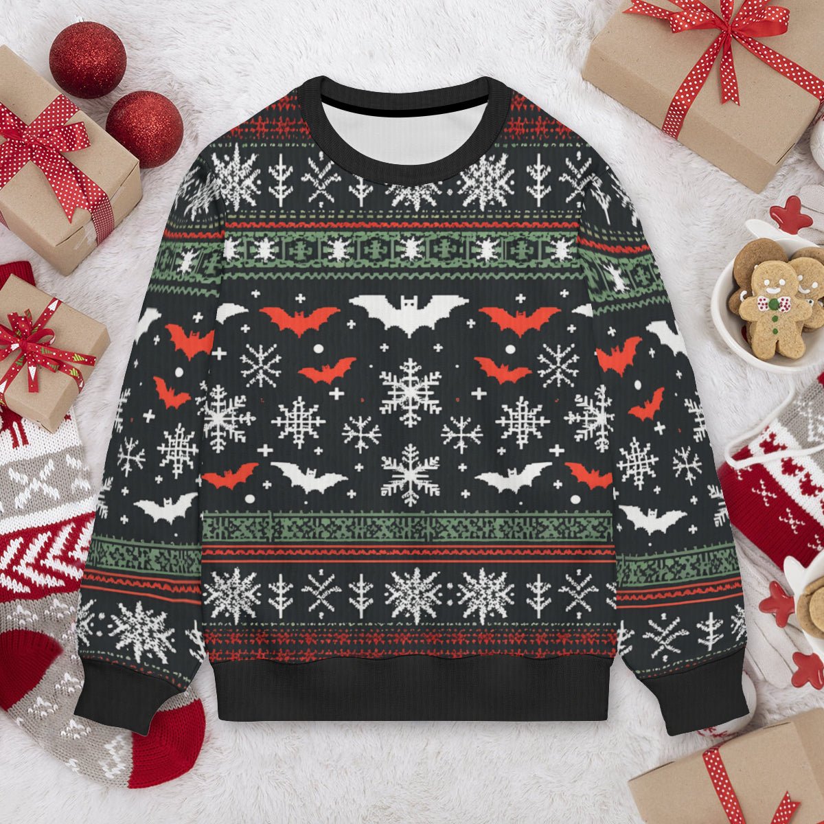 Christmas Bats and Snowflakes Pullover SweaterSweatshirtVTZdesignsWhiteSAOP Clothingchristmasclothing