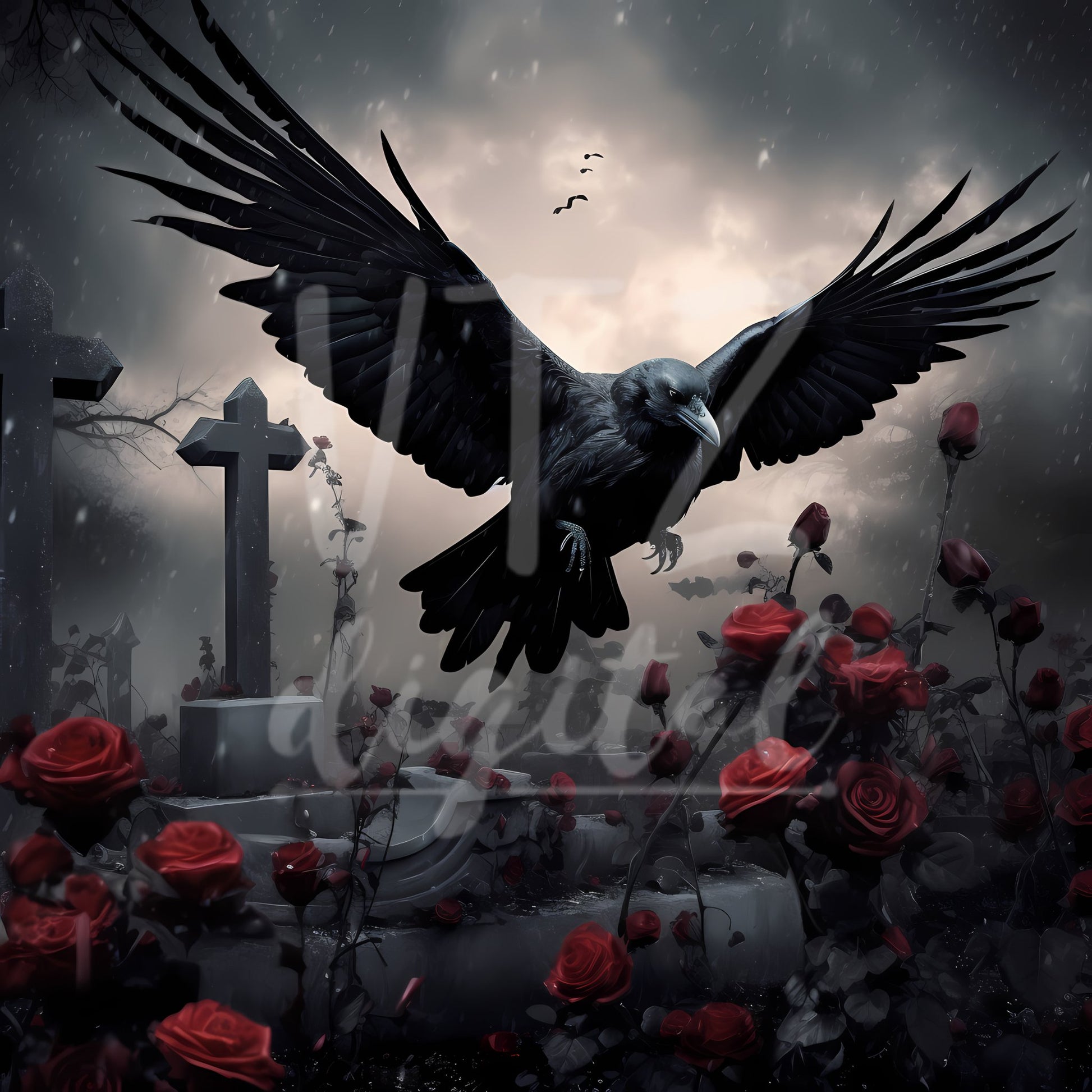 Crow Flying Through Cemetery PosterVTZdesigns5″×7″artdark academiagoth