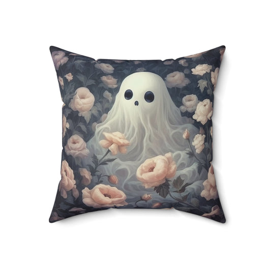 Cute Ghost in Garden Polyester Square Throw PillowHome DecorVTZdesigns18" × 18"All Over PrintAOPBed