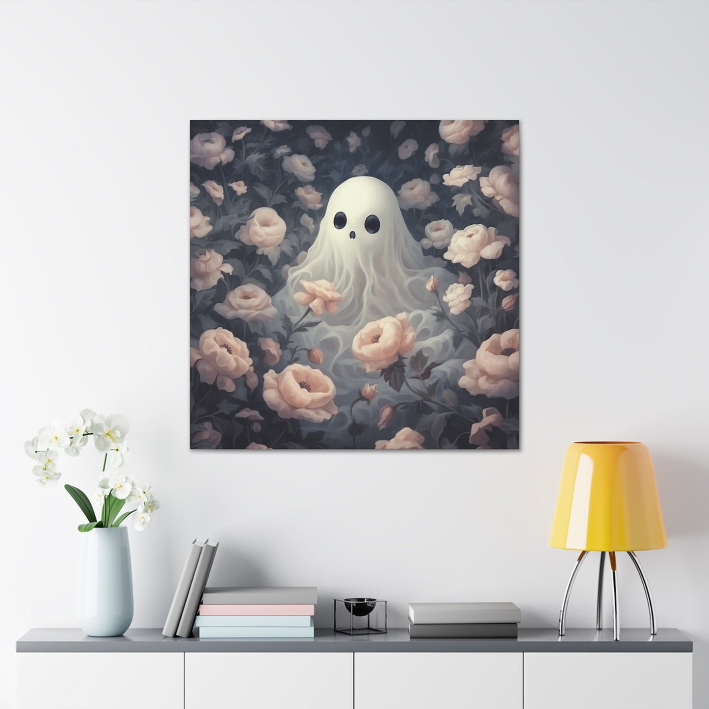 Cute Ghost in Rose Garden Canvas Gallery WrapCanvasVTZdesigns24″ x 24″1.25"Art & Wall DecorCanvasFall Picks