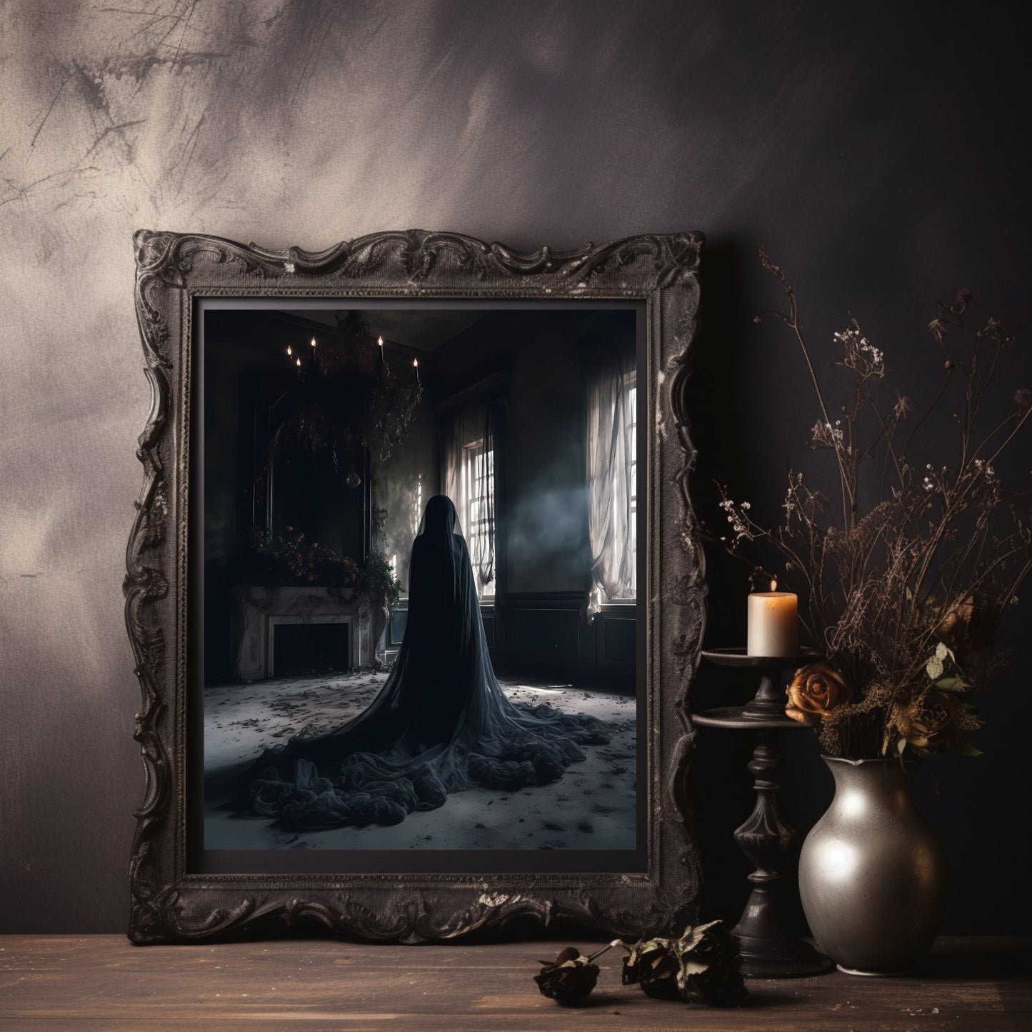 Dark Veiled Ghost in Abandoned Room PosterVTZdesigns5″×7″Art & Wall Decorbaroquedark academia