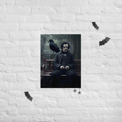 Edgar Allan Poe Sitting On Bench With A Raven PosterVTZdesigns18″×24″academiaArt & Wall Decorcreepy