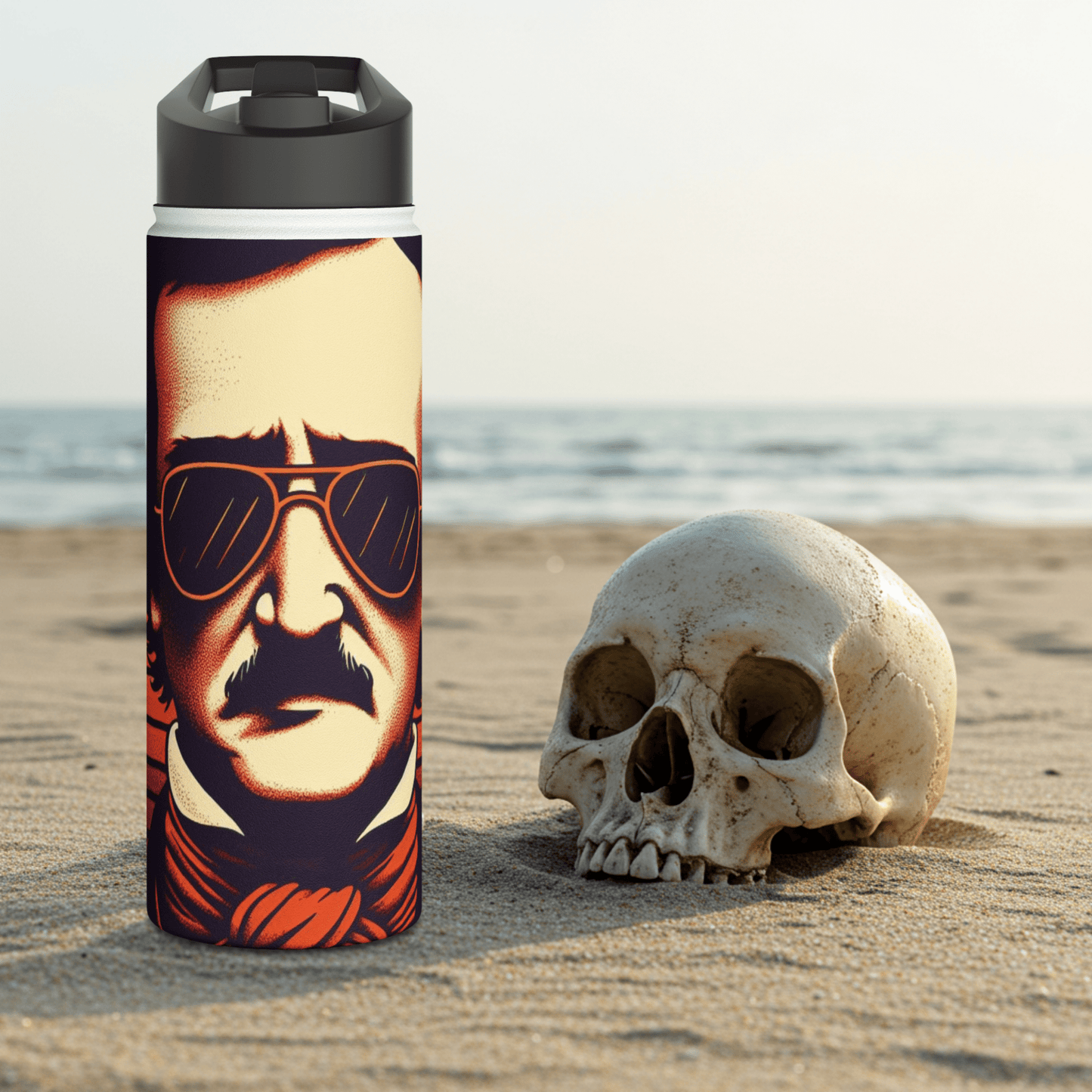 Edgar Allan Poe Wearing Sunglasses Stainless Steel Water BottleMugVTZdesigns18ozWhiteBeverageBottlesBottles & Tumblers