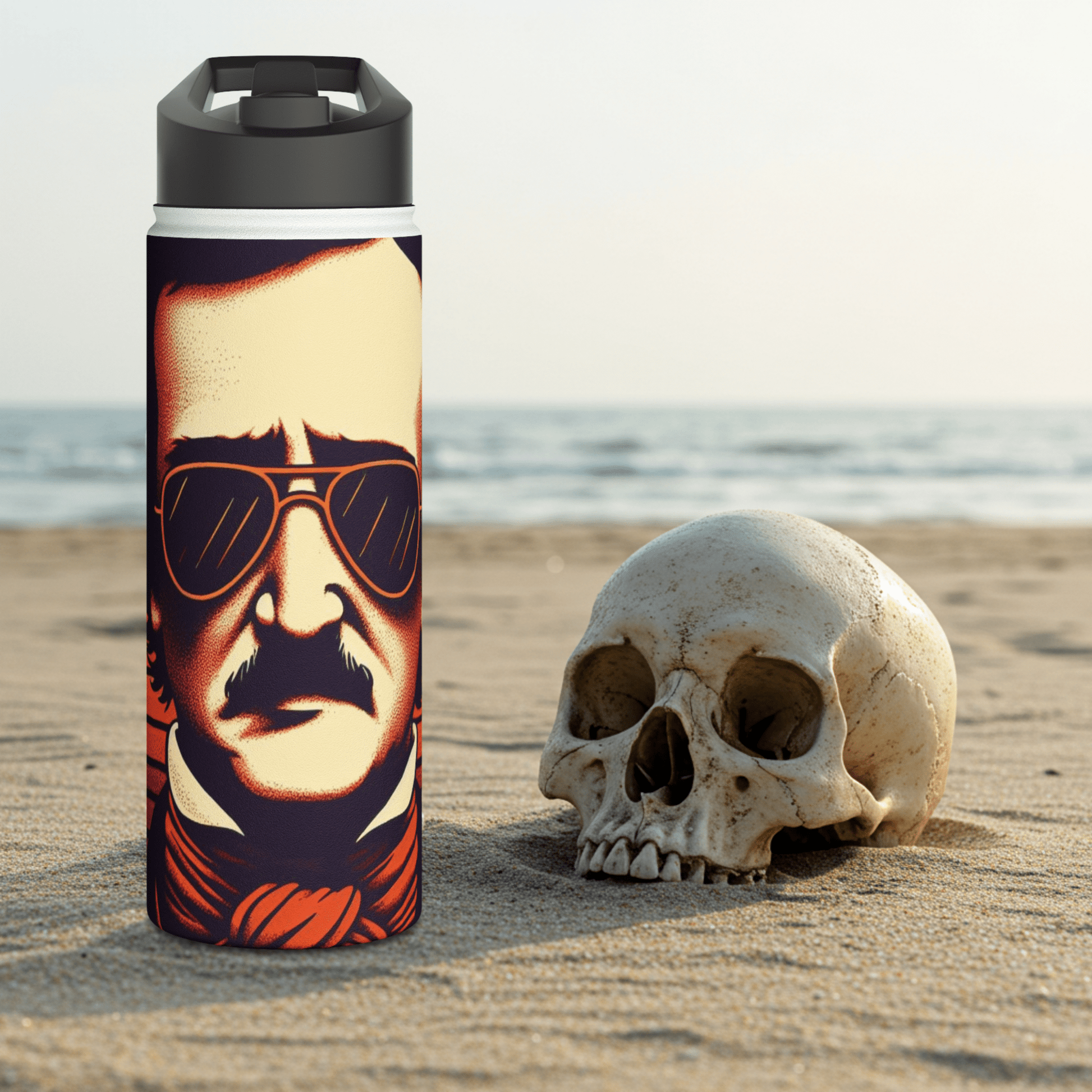 Edgar Allan Poe Wearing Sunglasses Stainless Steel Water BottleMugVTZdesigns18ozWhiteBeverageBottlesBottles & Tumblers