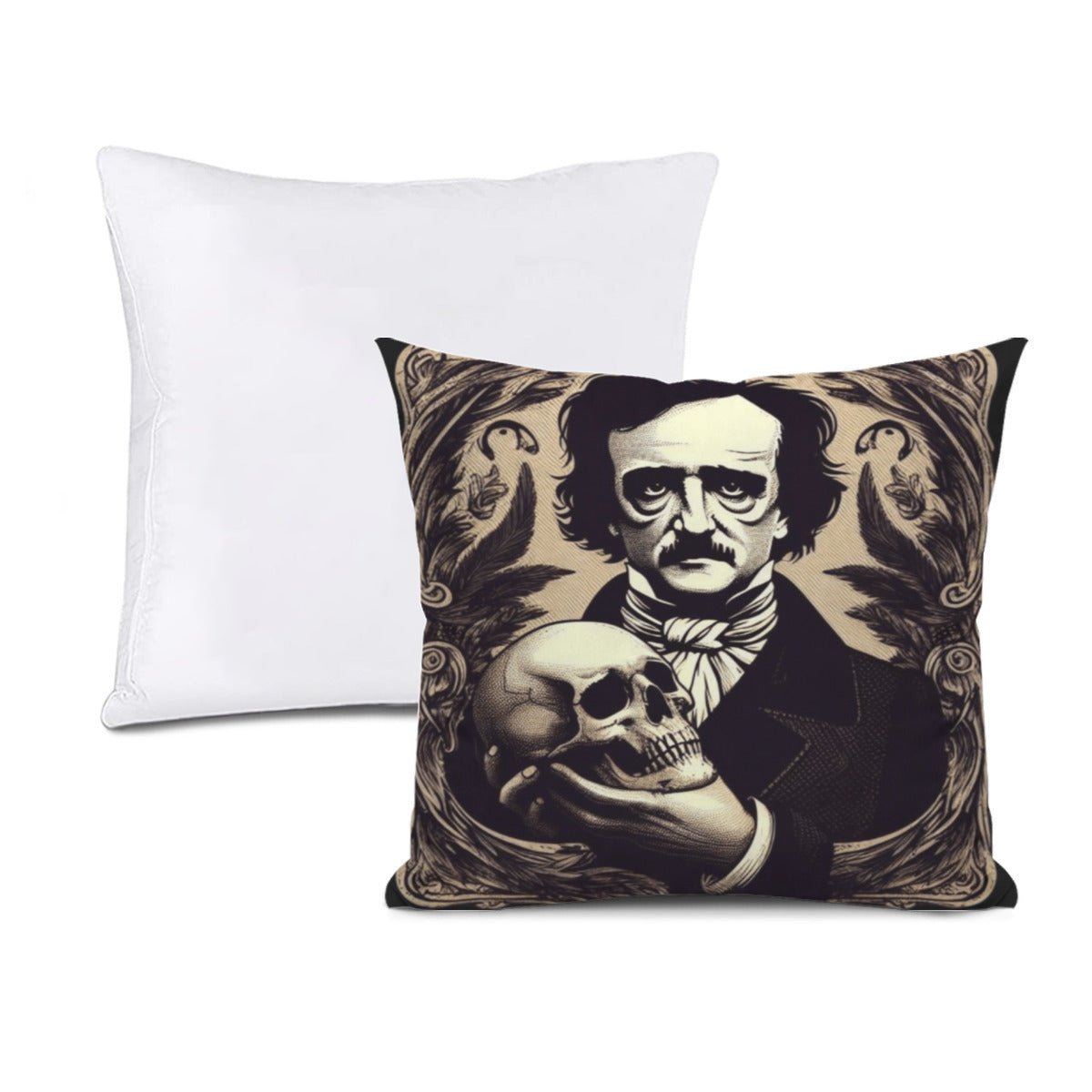 Edgar Allan Poe With Skull Throw Pillowthrow pillowVTZdesignsWhite16x16Inchdarkdark academiadouble sided