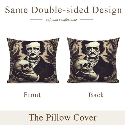 Edgar Allan Poe With Skull Throw Pillowthrow pillowVTZdesignsWhite16x16Inchdarkdark academiadouble sided