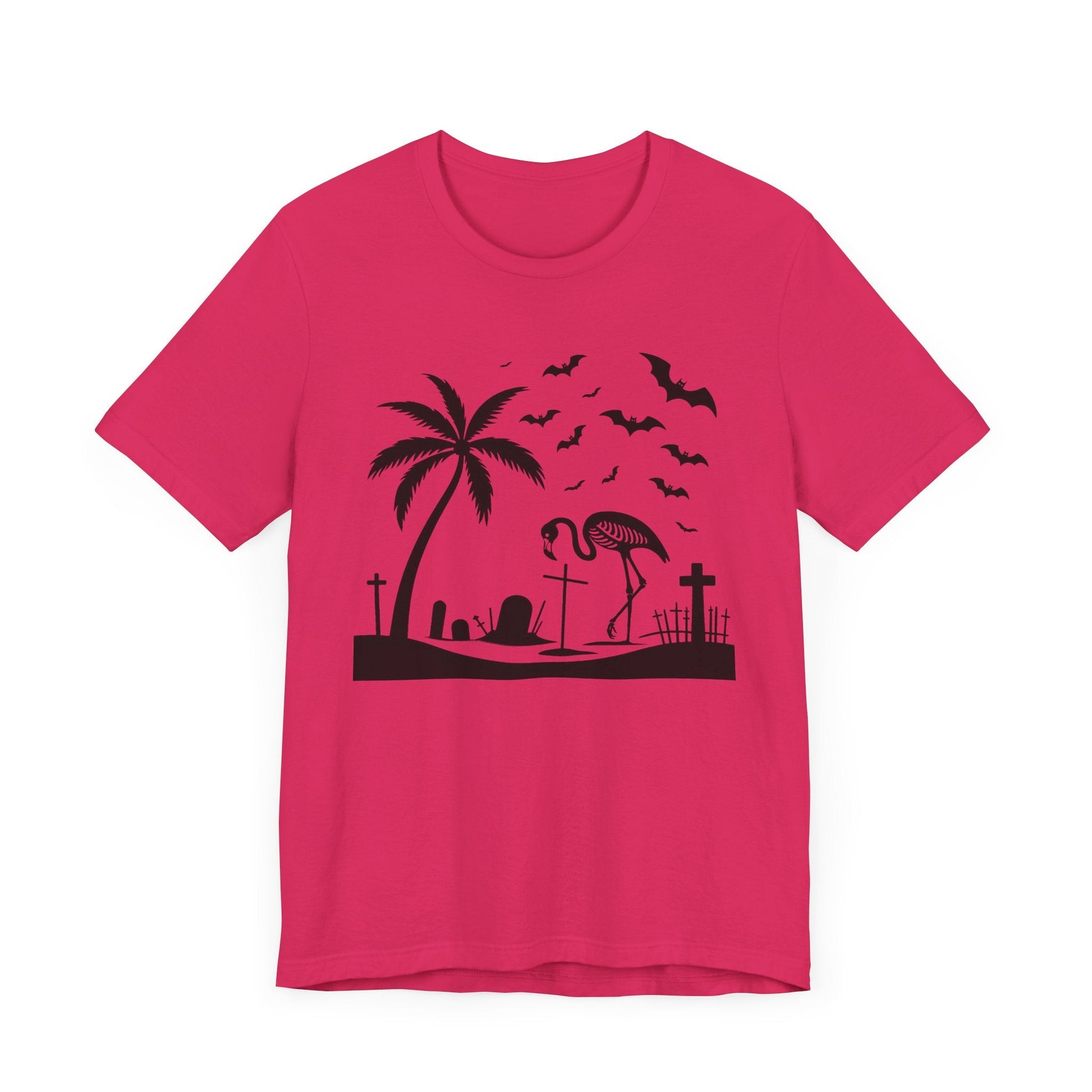 Flamingo Skeleton In Cemetery Short Sleeve Tee ShirtT - ShirtVTZdesignsFuchsiaXSclothingCottonCrew neck