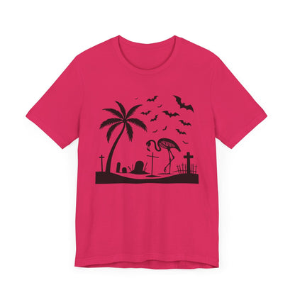 Flamingo Skeleton In Cemetery Short Sleeve Tee ShirtT - ShirtVTZdesignsFuchsiaXSclothingCottonCrew neck