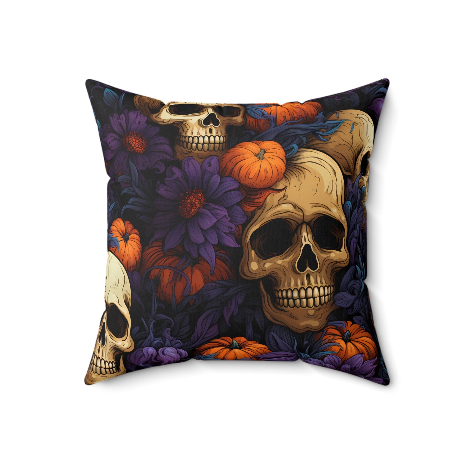 Floral Skulls and Pumpkins Square PillowHome DecorVTZdesigns16" × 16"All Over PrintAOPbaroque